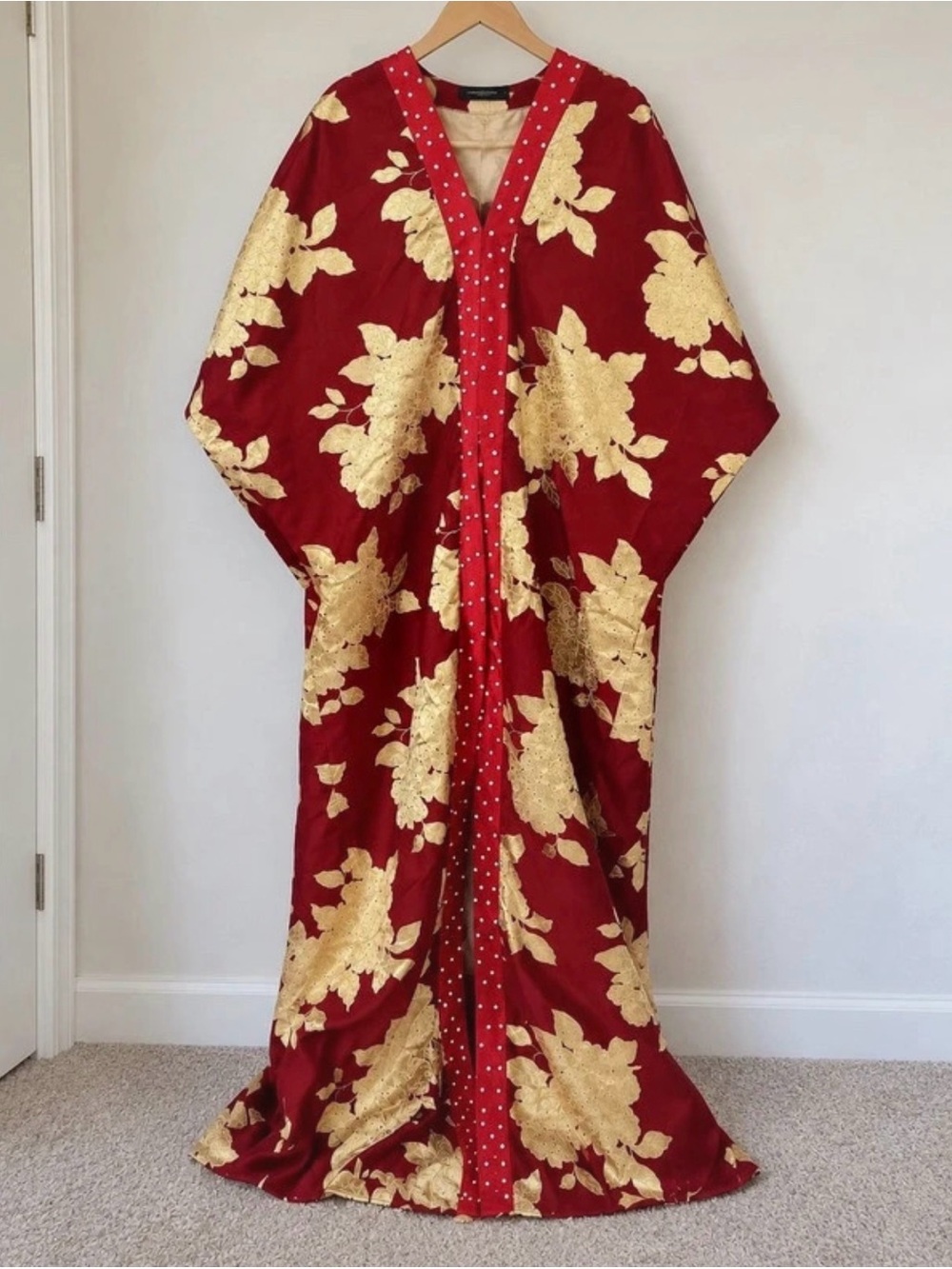 Red and Gold Floral Maxi Dress with Open Front